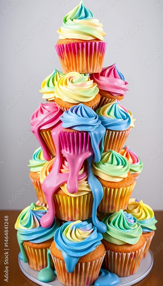Poster tower of multicolored cupcakes with dripping frosting on clear stand in high angle close up studio s