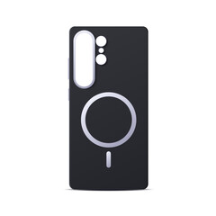 Realistic smartphone case. Blank plastic or silicone cover phone with aesthetic elements. Protection accessory for phone. Back view. 3d vector illustration
