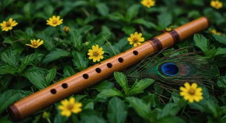 Fototapeta premium Wooden Flute Resting on Green Foliage with Yellow Flowers and Feather