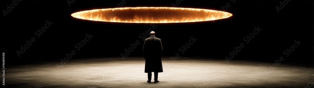 Poster Dramatic Vintage Scene of a Figure Under a Mysterious Floating Light Source in an Abstract Space Representing Time and Beyond