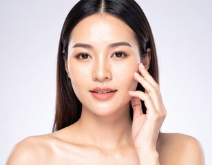 Smiling brunette woman using mobile phone in closeup beauty shot