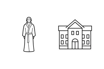 Illustration depicting a person in a robe and a building representing a spa or wellness center
