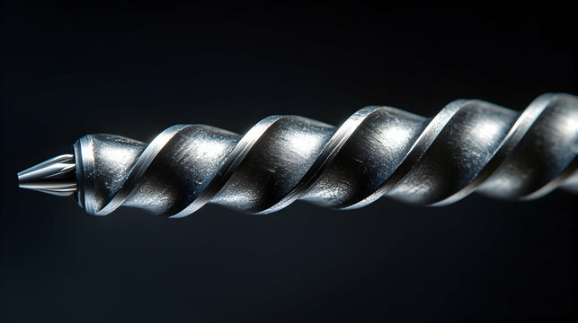 Close-up of a metal drill bit against a dark background.