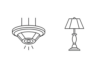 Minimalist line art illustration of a ceiling mounted smoke detector and a table lamp