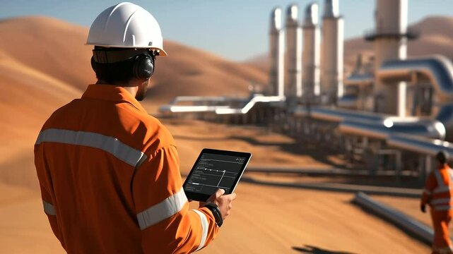 Engineer swipes through drilling rig parameters on tablet while walking past steel pipelines and mechanical arms of a desert oil field. Digital innovation in harsh industrial setti