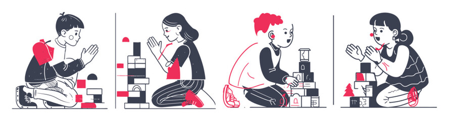 Playful Children Engaging with Building Blocks in Modern Design