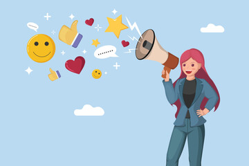 Woman using a megaphone to broadcast positive feedback and social media reactions like smiles, thumbs up, hearts, and stars.