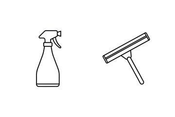 Cleaning supplies spray bottle and squeegee outlined illustration on white background