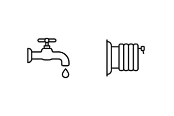 Vector outline illustrations of water faucet and radiator design elements on white background