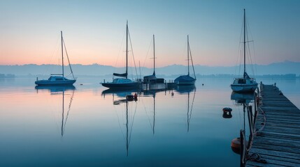 Fototapeta premium Sailboats Anchored at Tranquil Boat Slip on Serene Lake at Sunrise