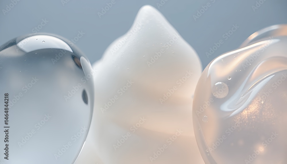 Poster abstract macro of clear orb white foam and pearlescent mass on light blue background with clean stud