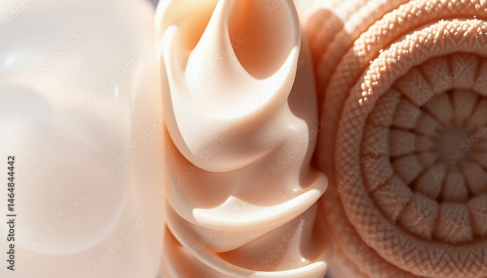 Poster abstract peach and cream gradient forms with swirl and rope texture in bright studio lighting