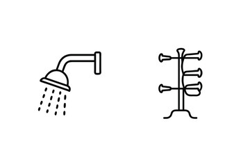 Outline illustrations of a shower head with water drops and a bathroom towel rack