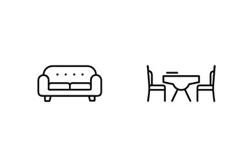 Minimalist black and white icons representing furniture for home interior decorating projects