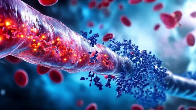 Dynamic animation of blood vessels illustrating cellular interactions and movement of red blood cells