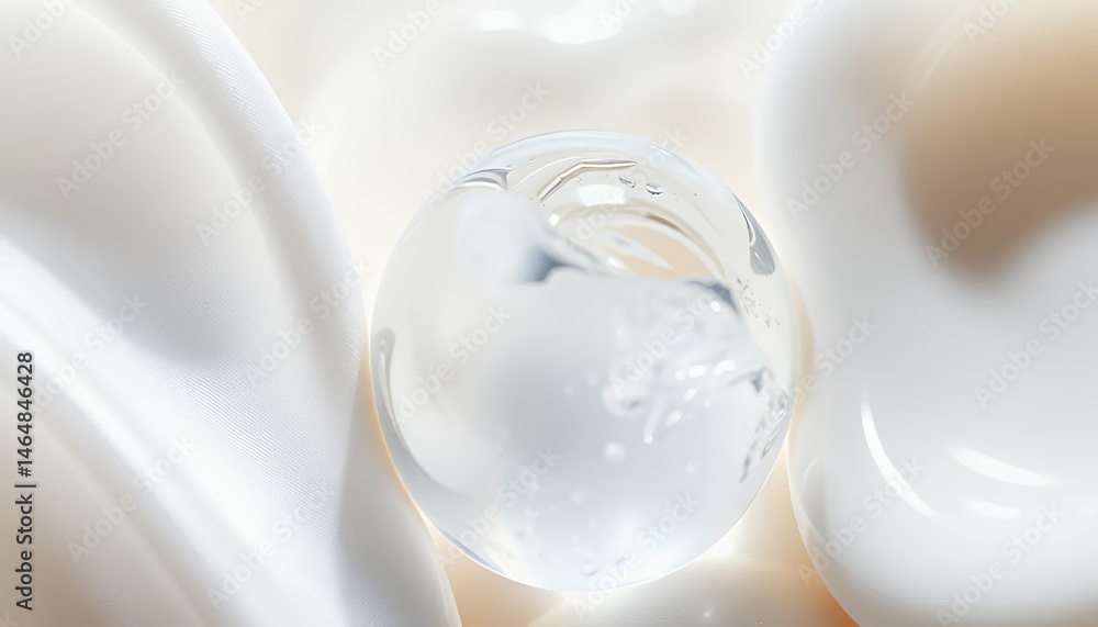 Poster clear sphere surrounded by creamy white forms in studio shot creating minimalist abstract texture an