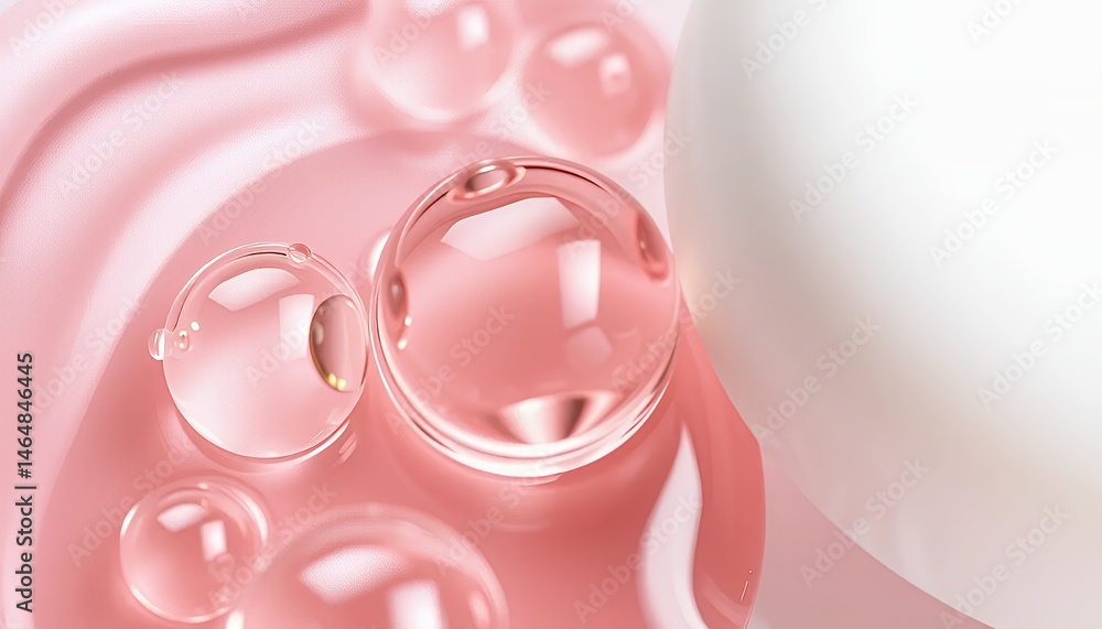 Poster clear water droplets on pink silk fabric with smooth white object in a clean studio shot with soft l