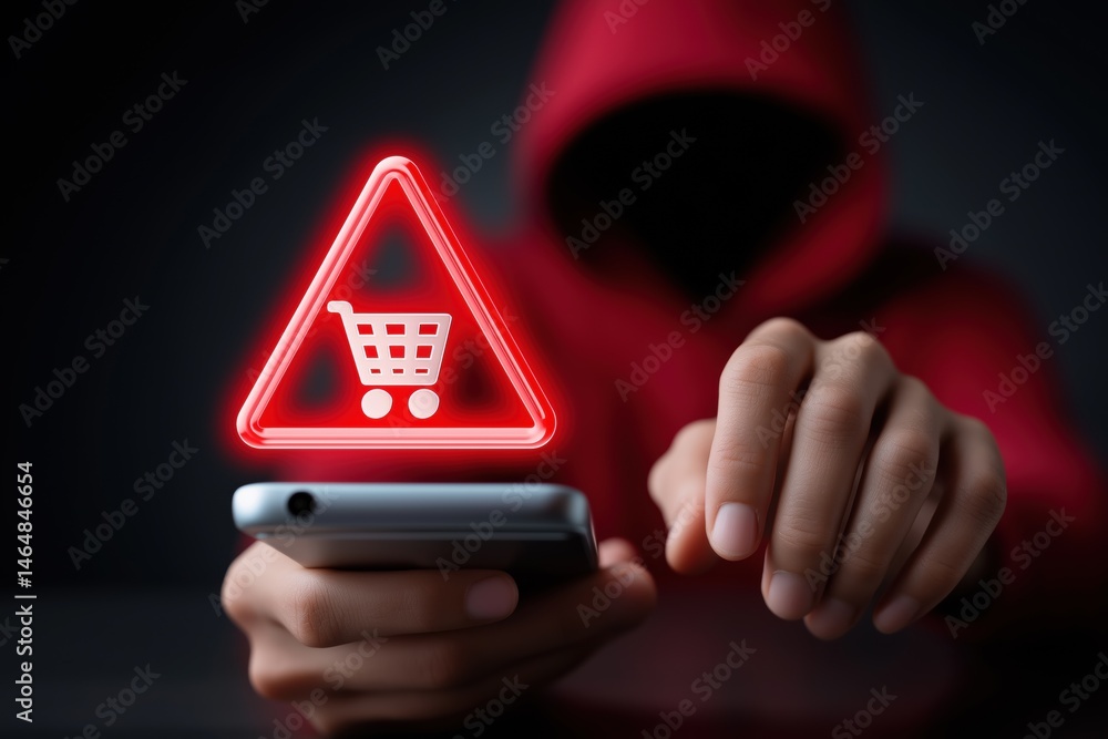 Poster a person is holding a cell phone and pointing at a shopping cart icon. concept of urgency or warning