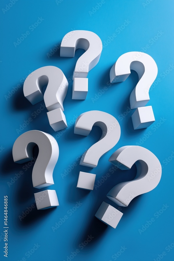 Poster a group of white questions are arranged in a row on a blue background. the questions are all facing 