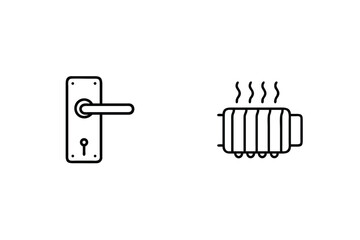 Minimalist black and white icon set of a door handle and a radiator