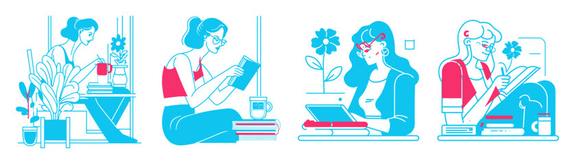 Stylish Modern Minimalist Illustration of Women Engaging with Nature