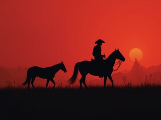 Silhouette of cowboy riding horse at sunset with another horse walking alongside against vibrant red sky
