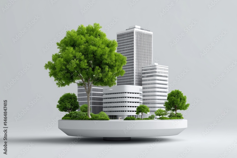 Poster a cityscape with a tree in the middle of it. the tree is surrounded by buildings and he is in a bowl
