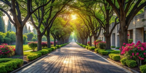 Serene Pathway Through a Sun-Dappled Canopy of Trees, Flanked by Lush Greenery and Neat Landscaping, Leading to a Modern Building