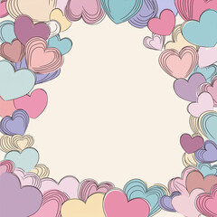Vector illustration of beautiful heart designs at the bottom of the frame, creating a decorative base, empty space at the top for text, romantic pastel colors, clean professional design, cute