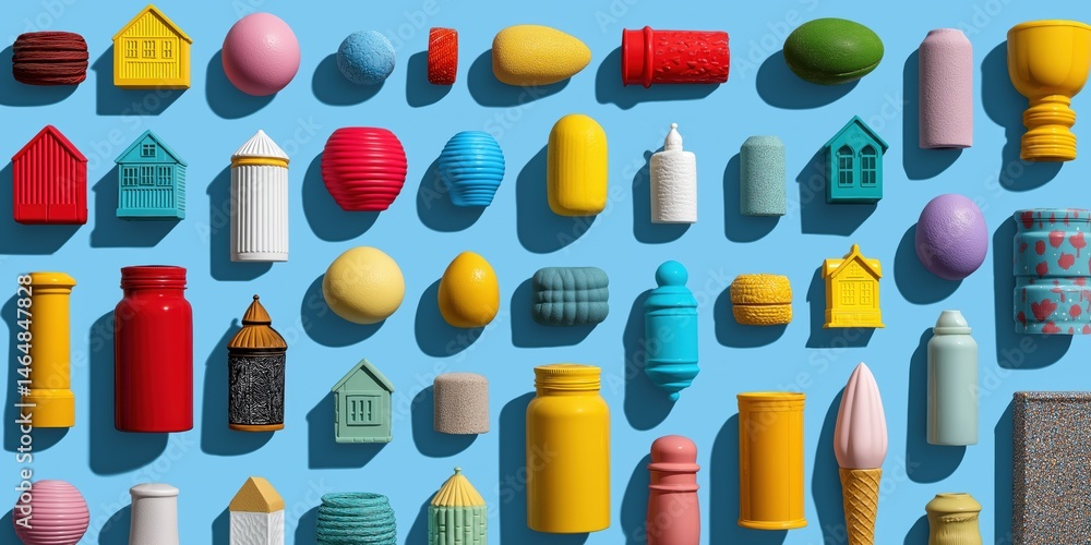 Poster a blue background with a variety of colorful objects, including a house, a jar, and an ice cream con