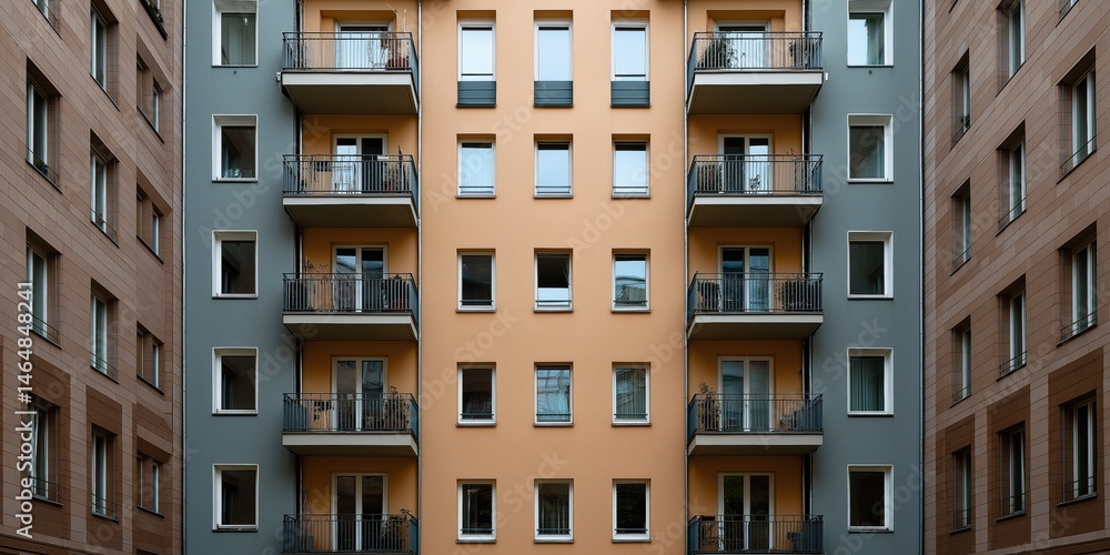 Poster a large apartment building with balconies and a courtyard. the building is mostly orange and gray. t