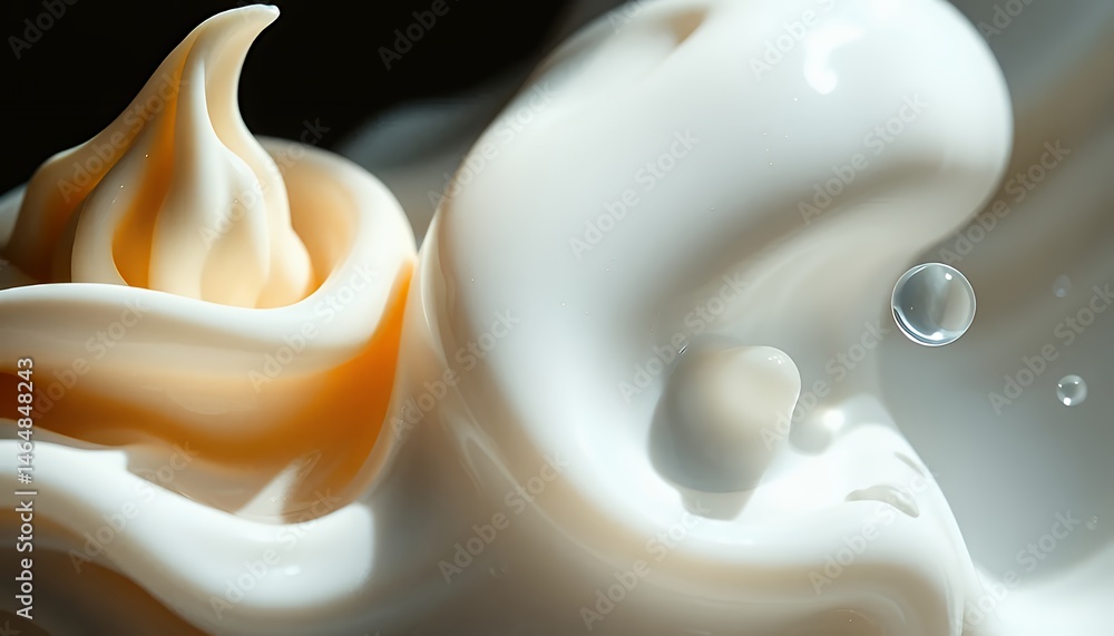 Poster close up of creamy white swirls with liquid droplets emphasizing smooth texture and abstract design