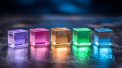 Vibrant Colorful Glass Cubes on Dark Wood