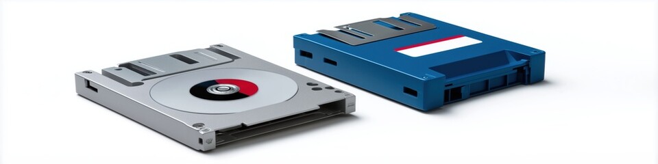 Two computer hard drives, one silver and one blue. The silver one is a floppy disc drive