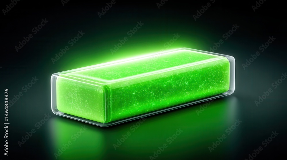 Poster lithium ion battery, a glowing green object in a transparent container against a dark background.