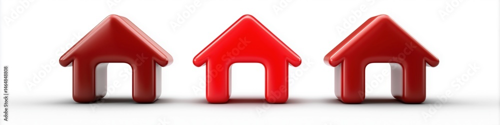 Poster three red houses are lined up next to each other. the houses are all the same size and shape, but th