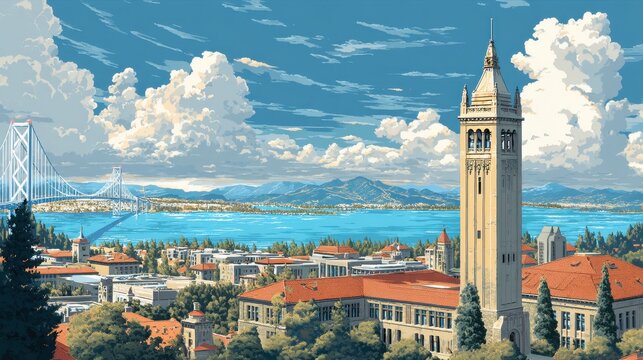 Berkeley Campus Skyline Featuring Iconic Bell Tower and Scenic City View