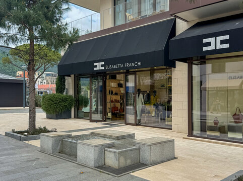 Tivat, Portomontenegro, Montenegro - April 25, 2025: Elegant boutique Elisabetta Franchi showcases high-end fashion and accessories in a sleek shopping district