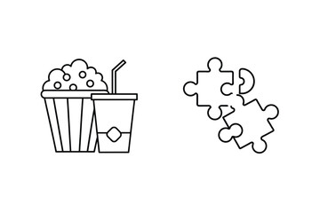 Monochrome illustration of popcorn drink and puzzle pieces representing entertainment and solving