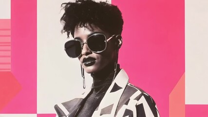 Stylish woman poses confidently in bold fashion statement with geometric patterns and oversized sunglasses in urban setting