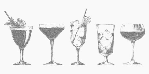 Classic cocktails and drinks, hand drawn with grunge style noisy gritty dot halftone effect. Retro pop art stipple sketch for bar menus and posters, Italian style.
