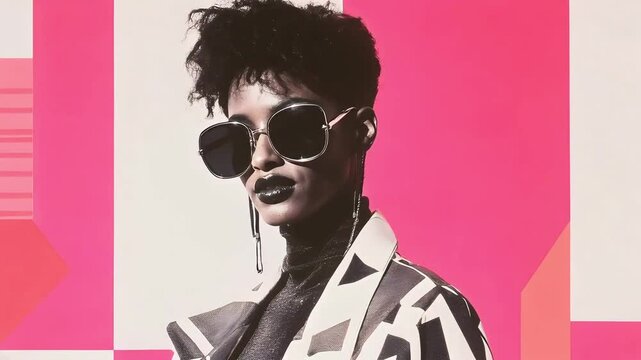 Stylish woman poses confidently in bold fashion statement with geometric patterns and oversized sunglasses in urban setting