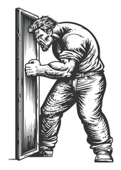Powerful Man Pushing Door in Engraved Style Woodcut Artwork