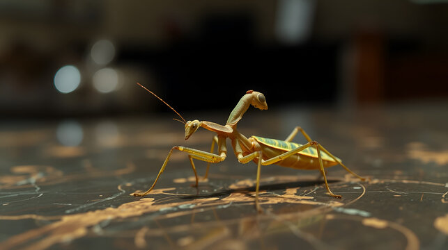 a close up of a praying mantissa on a table.