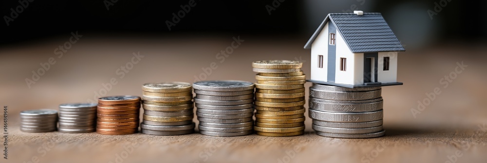 Poster a stack of coins on a table with a house on top. the coins are of different denominations and sizes,