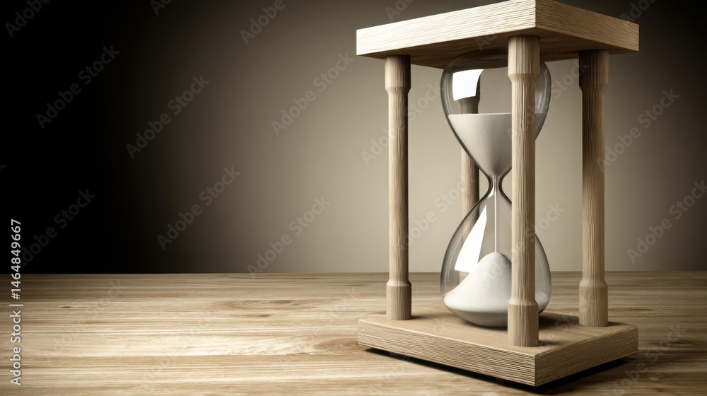 Poster hourglass on wooden table symbolizing timeless value and enduring asset strength in a natural settin