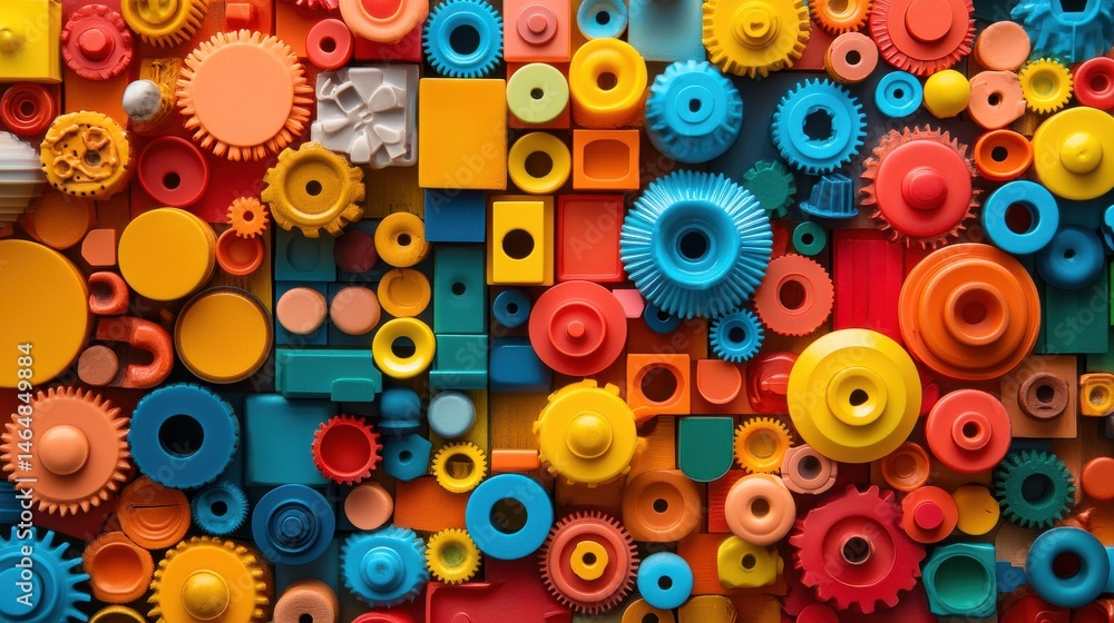Poster a vibrant abstract of toy elements, like wheels and parts, creating a mosaic with clear spaces for m
