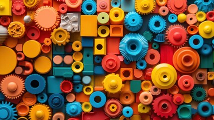 A vibrant abstract of toy elements, like wheels and parts, creating a mosaic with clear spaces for messaging 