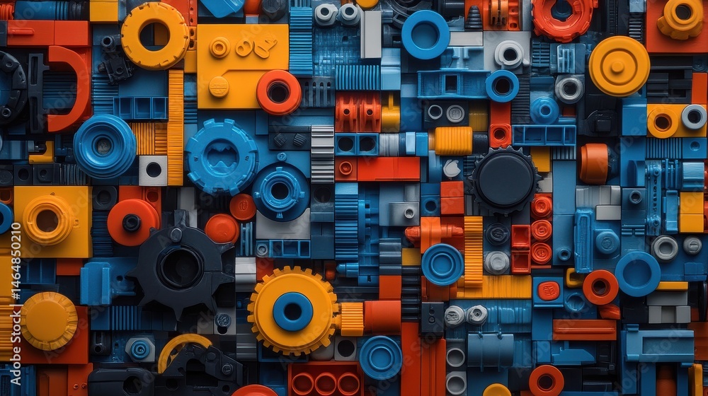 Poster a vibrant abstract of toy elements, like wheels and parts, creating a mosaic with clear spaces for m