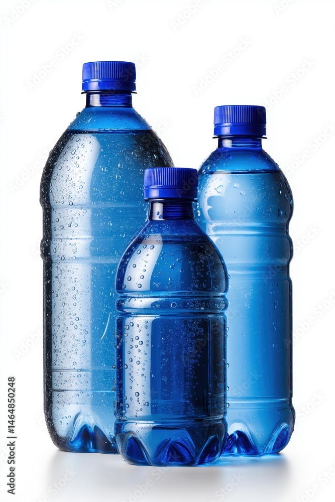 Poster three bottles of water with blue caps. the bottles are on a white background. the bottles are all th